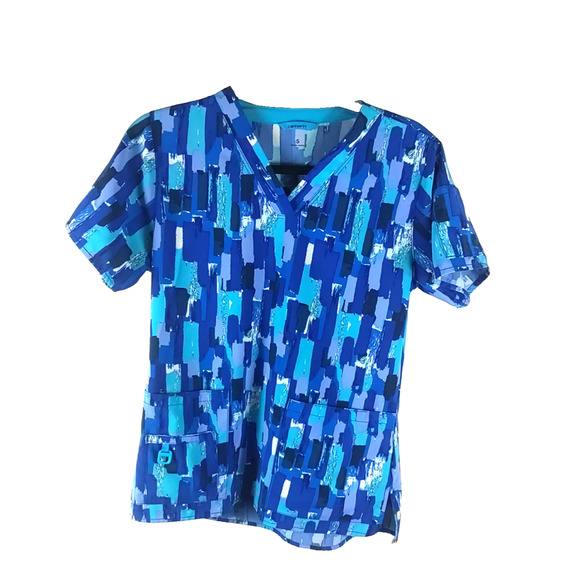 Carhartt Women's Scrub Top Size Small Blue Paint Art V Neck Polyester Medical... - Picture 5 of 6